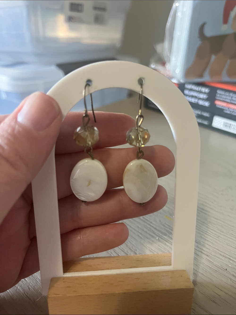 Handcrafted White Shell Drop Earrings with Gold Accents